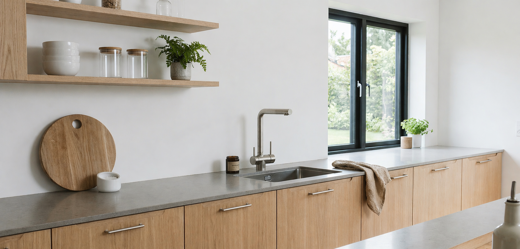 Moderne Küchenarmatur aus Edelstahl in einer skandinavischen Küche